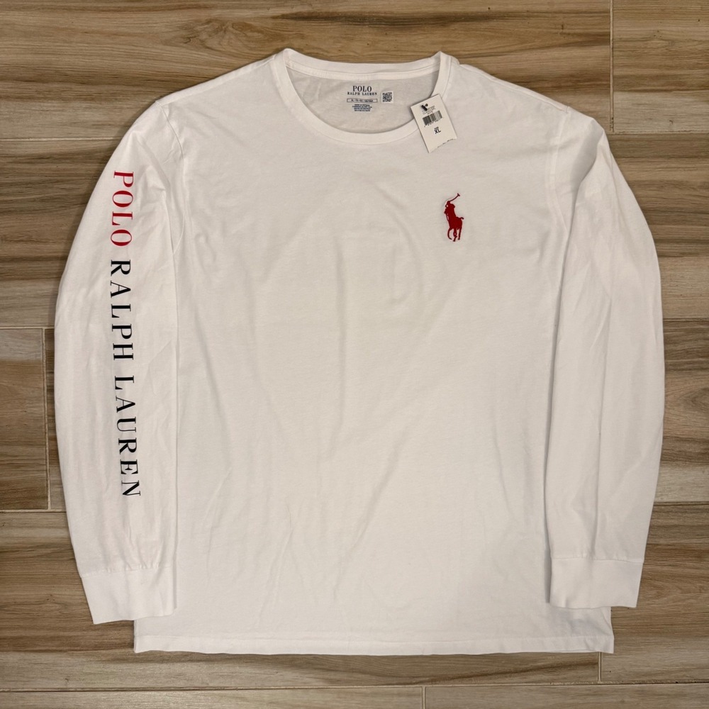 Polo Ralph Lauren Mens XL Long Sleeve T-Shirt White Red Pony Sleeve Logo NWT
